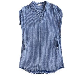 Altar’d State Womens Sz L Blue White Stripe Linen Fringe Day Tripper Shift Dress